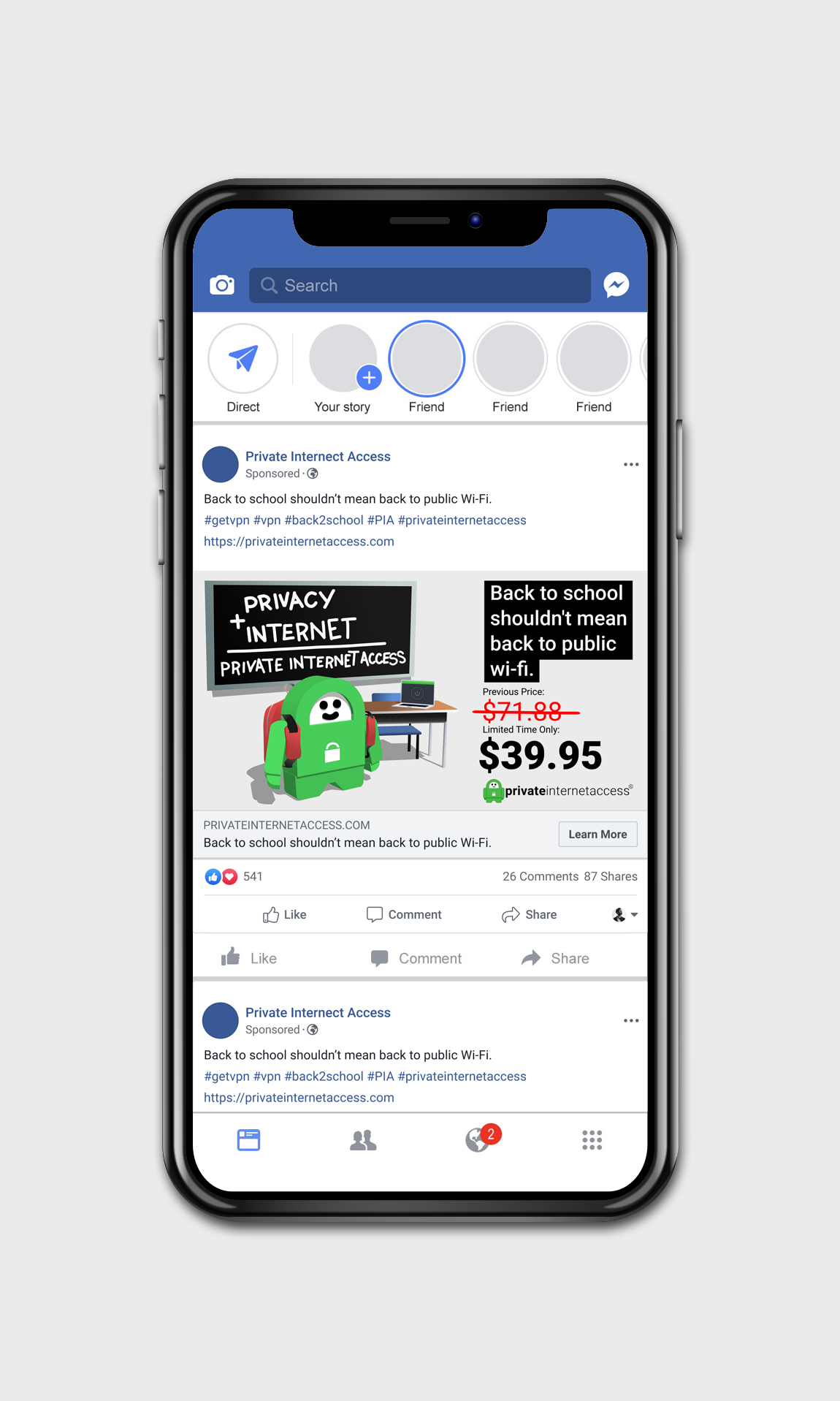 Private Internet Access Back to School Facebook Advertisement